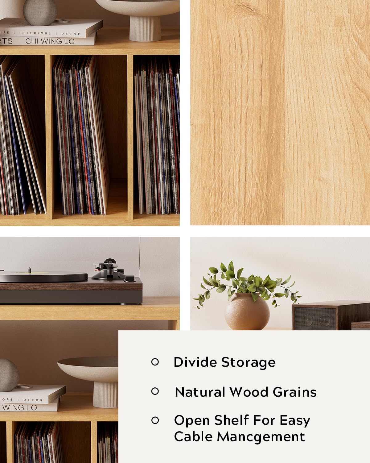 Farmhouse Record Player Stand Set of 2, Vinyl Record Storage Cabinet with Open Shelf, Wood Cube Storage Organizer for Living Room, Office, Natural Oak