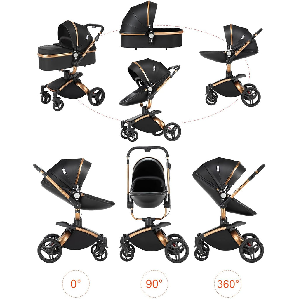 PU Leather 2 in 1 Baby Stroller with 360° Rotatable Seat, Reversible Portable Standard Baby Stroller Convertible Pushchair Infant Carriage Foldable High Landscape Pram Toddler Newborn (HR002-Black)