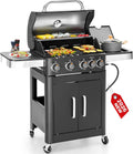 2 in 1 Propane Gas BBQ Grill with Side Burner & Porcelain-Enameled Cast Iron Grate, 4-Burner Flat Top Grill, 46,700 BTU Outdoor Barbecue Propane Griddle Grill Combo for Camping, Patio, Backyard