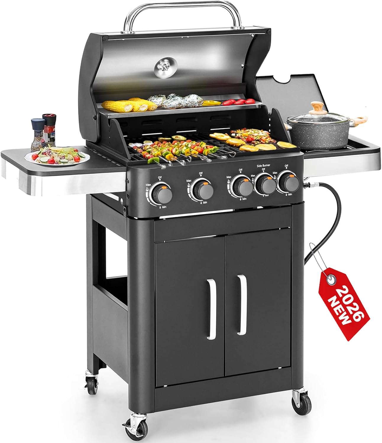 2 in 1 Propane Gas BBQ Grill with Side Burner & Porcelain-Enameled Cast Iron Grate, 4-Burner Flat Top Grill, 46,700 BTU Outdoor Barbecue Propane Griddle Grill Combo for Camping, Patio, Backyard