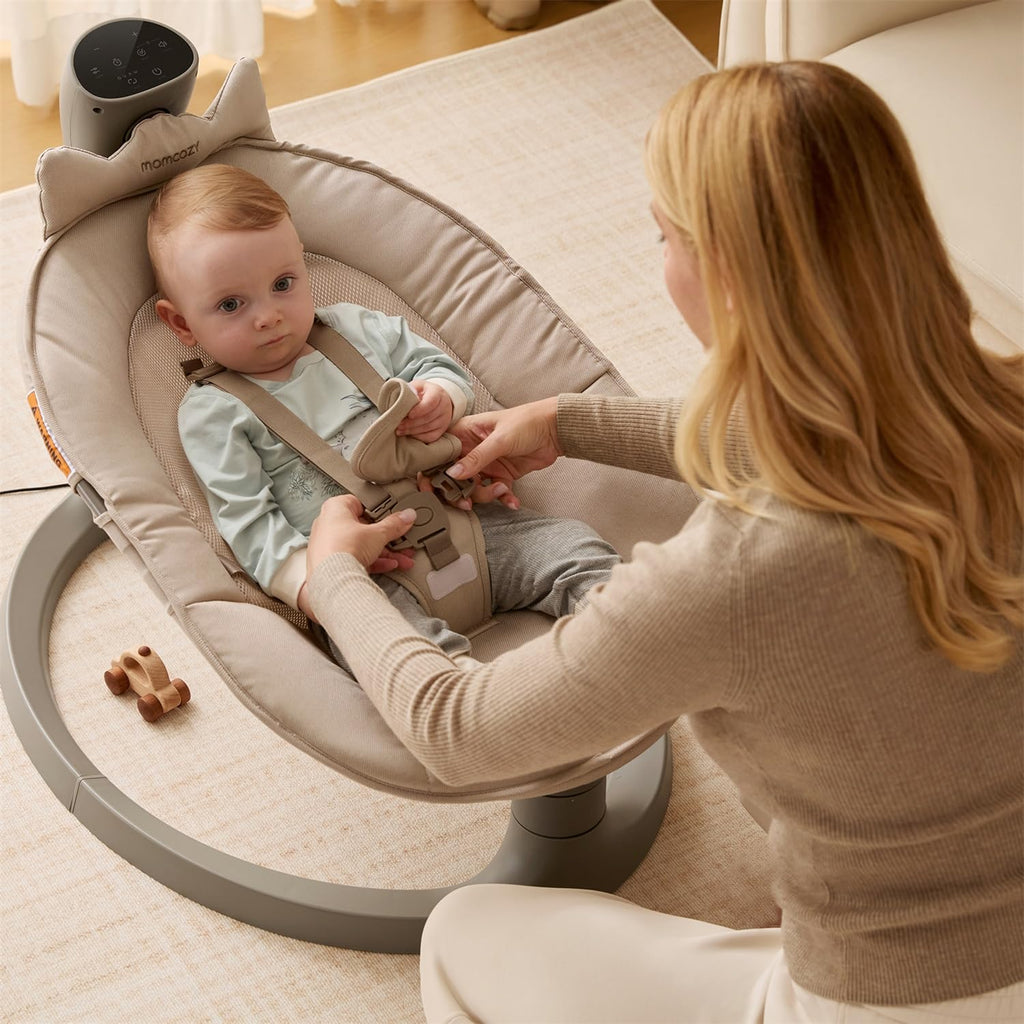 Momcozy 2-in-1 Electric Baby Swing, Dual-Arm Support System & Parent-Inspired Motions, Convertible to Toddler Seat up to 66 lbs, Adjustable Height, Lightweight, Khaki