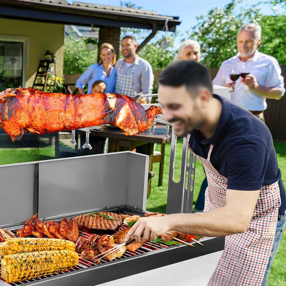 Stainless Steel Rotisserie Grill with Back Cover Guard, 25W Motor Small Pig Lamb Rotisserie Roaster, 48.7 Inch BBQ Charcoal Rotisserie Grill for Camping Outdoor Kitchen