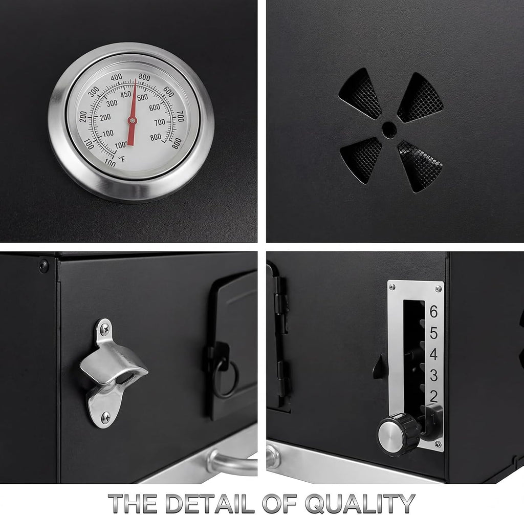 Large Built-in Barbecue Grills, Charcoal BBQ Grills with Liftable Tray, Insulated Hood & Temp Gauge, Black Stainless Steel Charcoal BBQ Barrel Grill for Outdoor Kitchen Camping Park Style