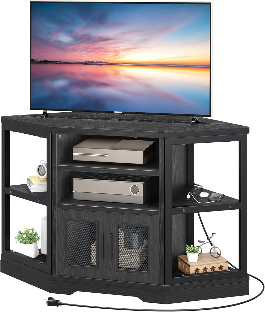 YITAHOME Corner TV Stand for TVs up to 50 Inch with Power Outlet, Modern Farmhouse Entertainment Center, Wood TV Media Console with Storage Cabinets Shelves for Living Room, 47' Black