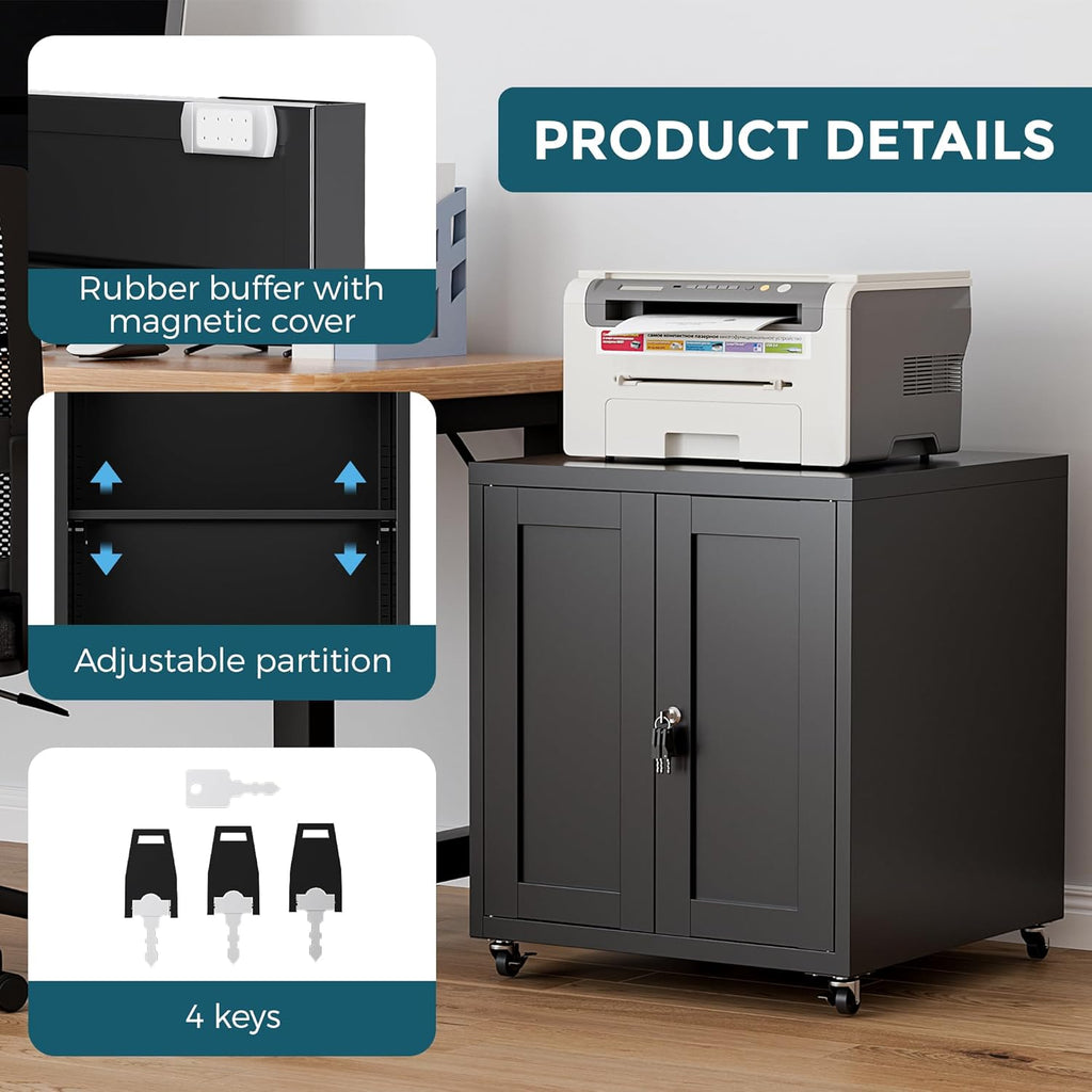 Large Printer Stand with Storage and Lock, 3D Heavy-Duty Printer Cabinet, Printer Table for Home Office with Doors and Adjustable Shelves, for Office Copier and Fax Machine, Black