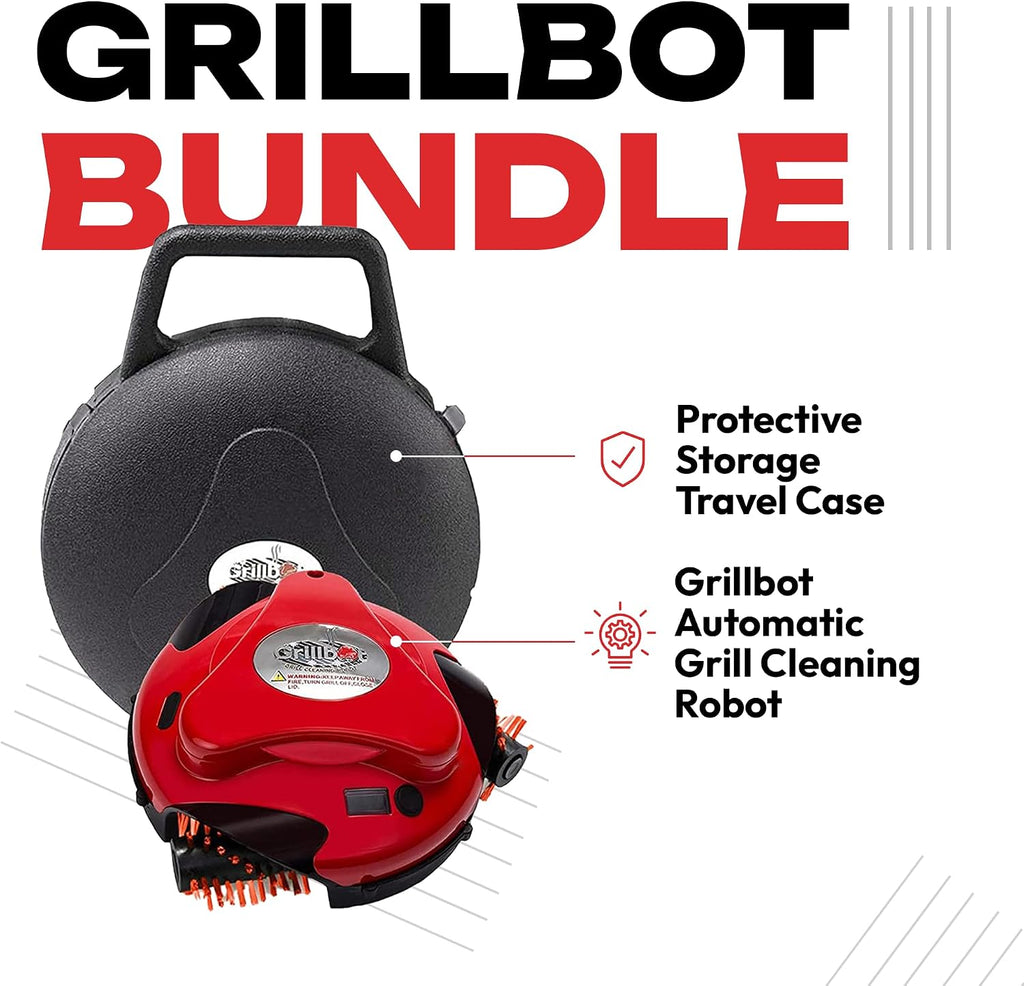 Grillbot Automatic Grill Cleaning Robot with Nylon Brushes, Electric BBQ Cleaner Brush with Motorized Power, Cordless Rechargeable Grill Scrubber for Outdoor Grills (Red and Case)