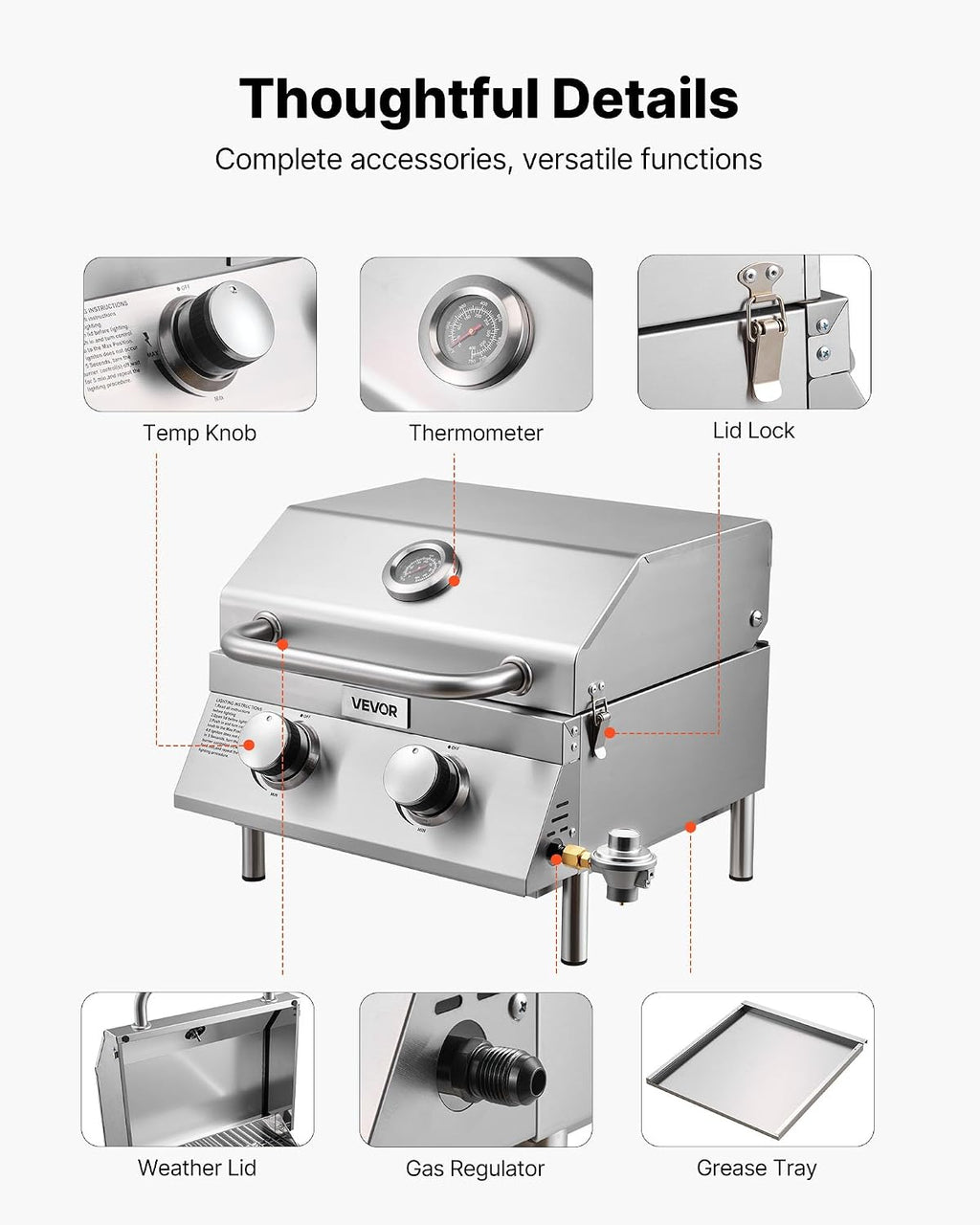 VEVOR Tabletop Gas Grill, 2-Burner Stainless Steel Portable Propane Grill, with Built-in Thermometer, Travel Locks, Weatherproof Lid, 15,000 BTU Total, for Outdoor Cooking, Patio, Party, Camping, RV