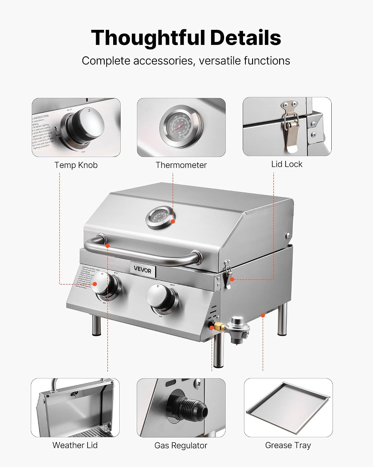 VEVOR Tabletop Gas Grill, 2-Burner Stainless Steel Portable Propane Grill, with Built-in Thermometer, Travel Locks, Weatherproof Lid, 15,000 BTU Total, for Outdoor Cooking, Patio, Party, Camping, RV