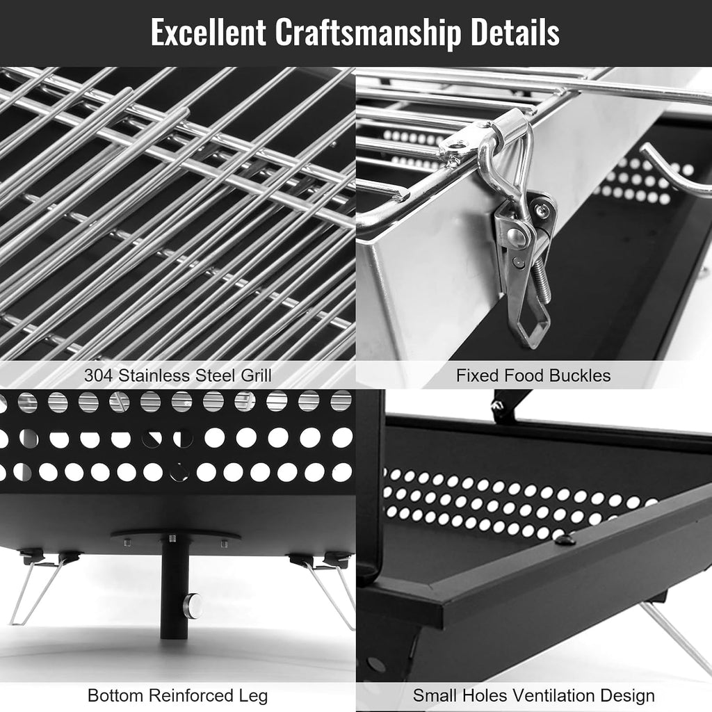 360° Rotating Charcoal Grills,Stainless Steel Flipping Barbecue Grill for Camping BBQ Picnics Beach Party Cooking Outdoor Garden Yard