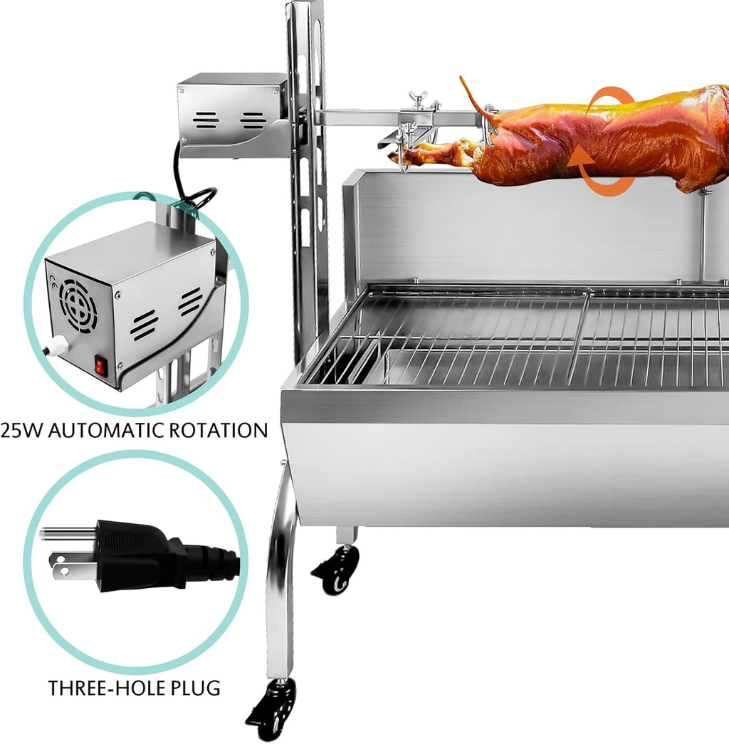 Rotisserie Grill Charcoal Spit Roaster, Stainless Steel 48.6' Pig Lamb Hooded Roaster Charcoal Spit With 25W Motor & Adjustable Height Lockable Casters For Party Barbecue,176 LBS With Baffle