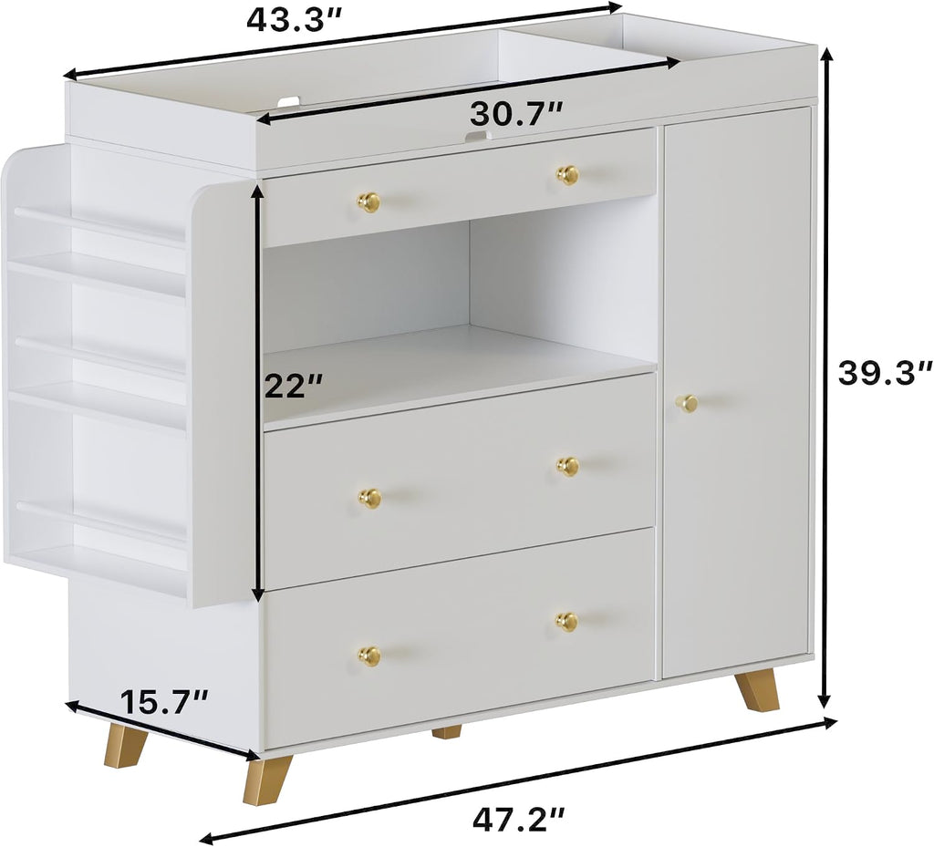 FURNJOYLIFE Nursery Dresser with Baby Changing Table, Modern Diaper Changing Station,Dresser for Nursery with 3 Drawers & Shelves, Storage Crib with Changing Table, White