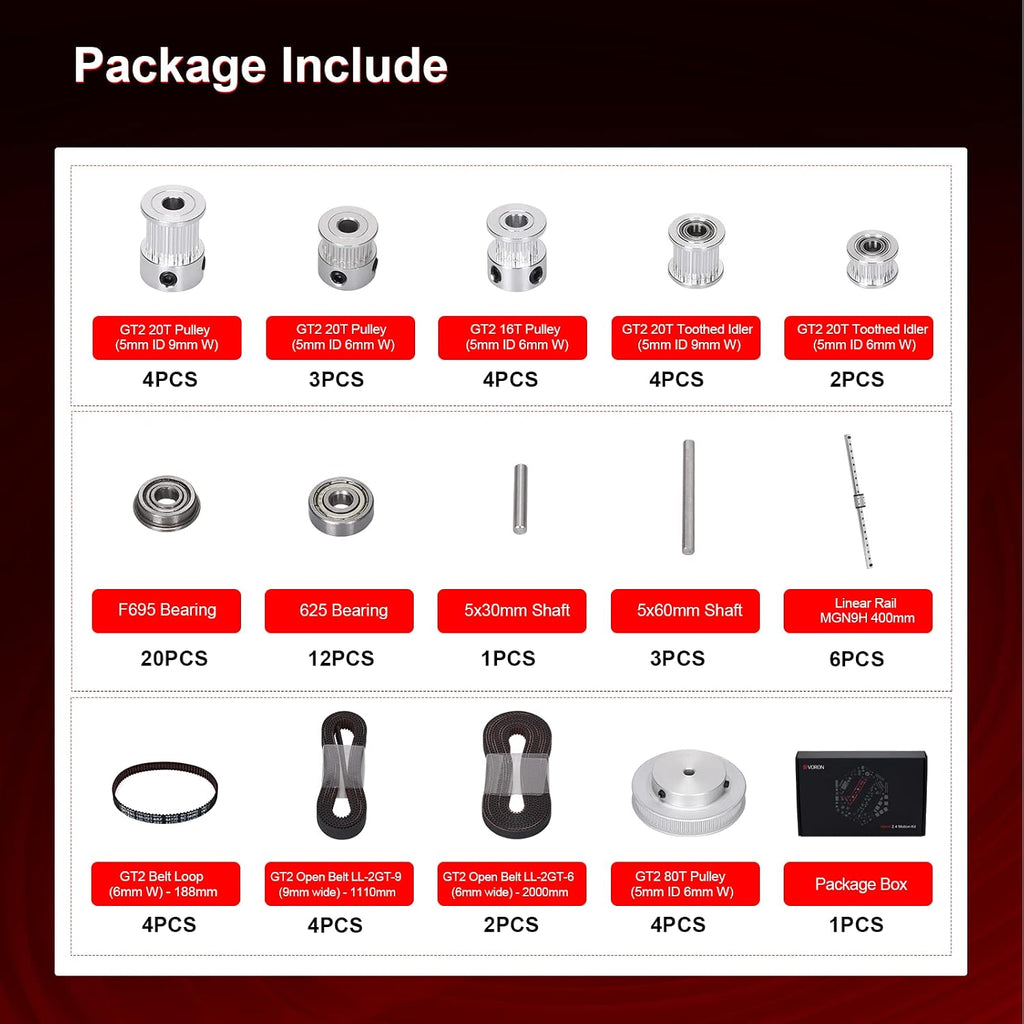 Voron 2.4 Full Set Motion Kit with GT2 Open Belt, Linear Rail MGN9H 400mm, GT2 Pulley 16T /20T/80T, Bearing, Motion 3D Printer Accessories for Voron 2.4 3D Printer Kit