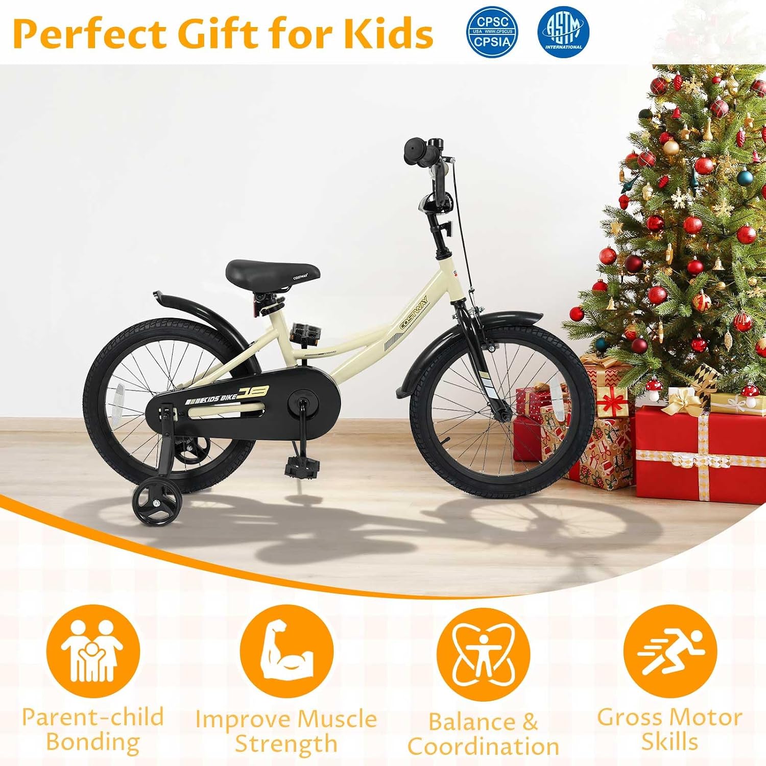 COSTWAY Kids Bike, 18 Inch Toddler Bicycle with Removable Training Wheels, Dual Brakes, Adjustable Seat & Handlebar Height, Girls & Boys Bikes for 3-8 Years Old (Beige,18 Inch with Kickstand)