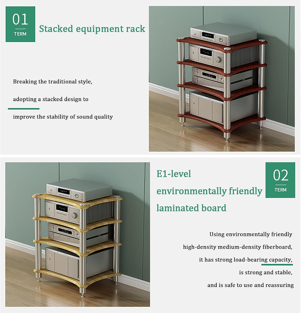 Multifunctional AV Media Stand, Open Wooden Storage Cabinet, 4-Tier Display Shelf with Stainless Steel Frame, Ideal for TV & Audio Equipment (Brown, 60x48x85cm)
