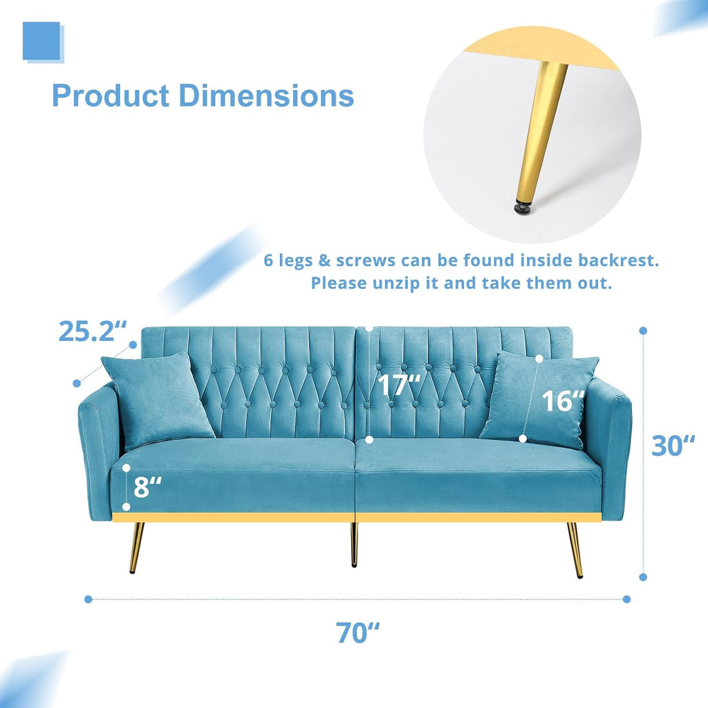 70' Velvet Futon Sofa Bed with 2 Pillows and Adjustable Armrests, Convertible Sleeper Bed W/Adjustable Backrests, Modern Loveseat for Living Room, Bedroom, Baby Blue