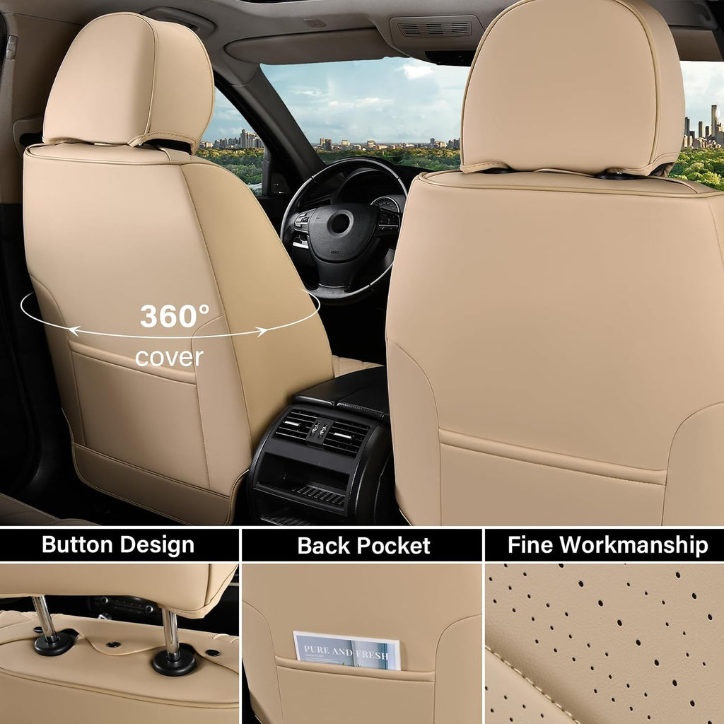 Coverado Car Seat Covers Full Set, Breathable Nappa Leather Seat Covers for Cars, Universal Seat Covers, Front and Back Waterproof Car Seat Protector, Automotive Seat Cushion Fit Most Cars(Beige)
