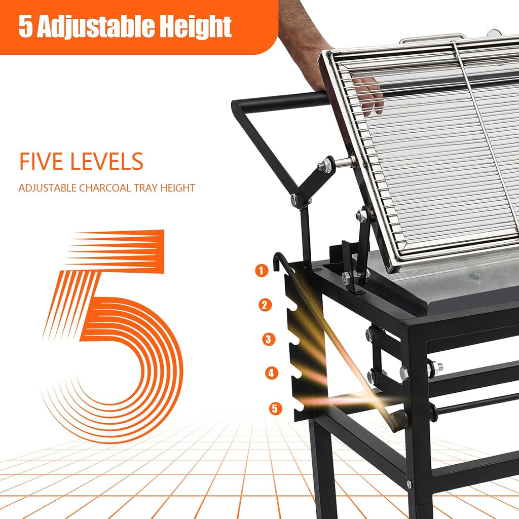 360° Rotating Charcoal Grill with Cart & Wheels, Charcoal Flip Grill for BBQ, Heavy Duty Square Outdoor Detachable Portable Grill for Camping, Picnic, Patio & Backyard Parties