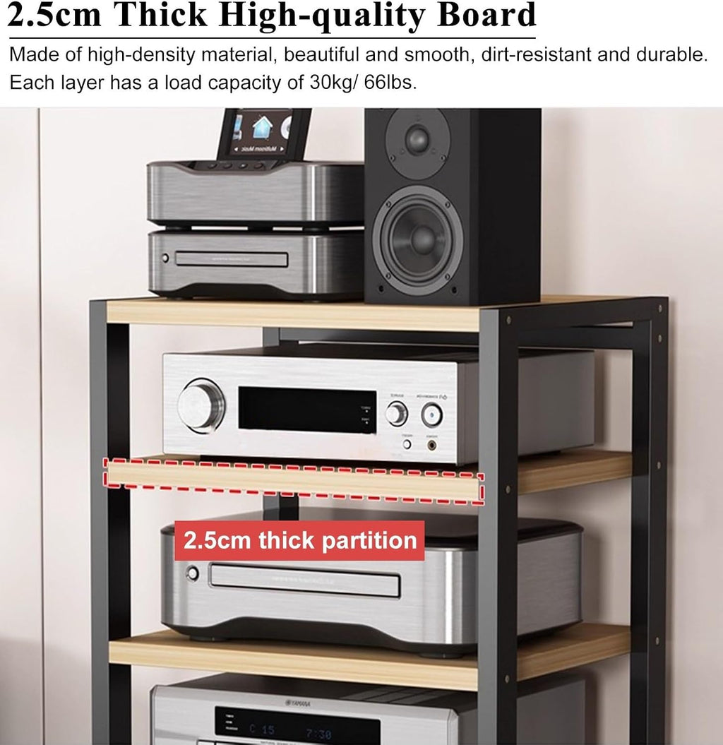 2/3/4/5-Tier Audio Component Rack with Wheels, Heavy Duty AV Media Stand HiFi Amplifier Rack, Home Storage for Record Player, Audio/Video Equipment(Black+Brown,L55xW50xH49cm)