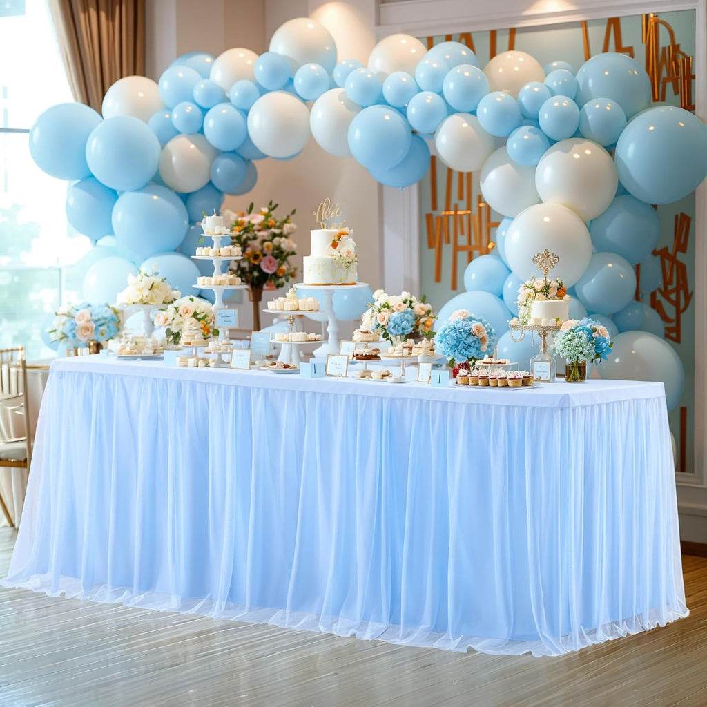 6 Pack Baby Blue Table Cloth for 6 Foot Rectangle Tables, Stretch Fitted Tulle Table Covers Skirt, Rectangular Ruffle Tutu Tablecloth Wedding Baby Shower Baby Shower Cake Tablecloths