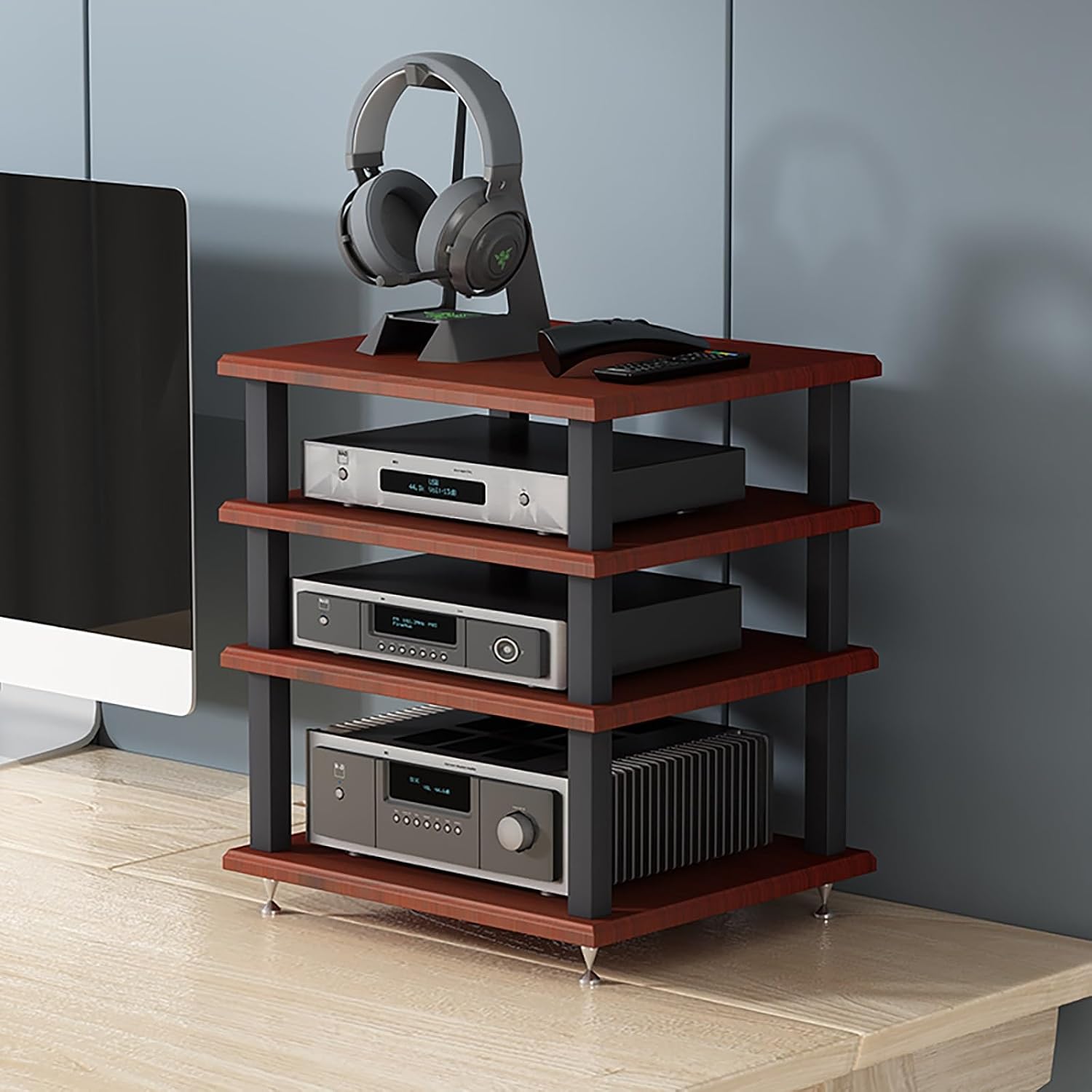 Audio Rack Tower AV Media Stand Audio-Video Media Stand, Storage Rack Audio Tower Thickened Steel Pipe, Equipment Console Shelf for Home Office Theater(Red)