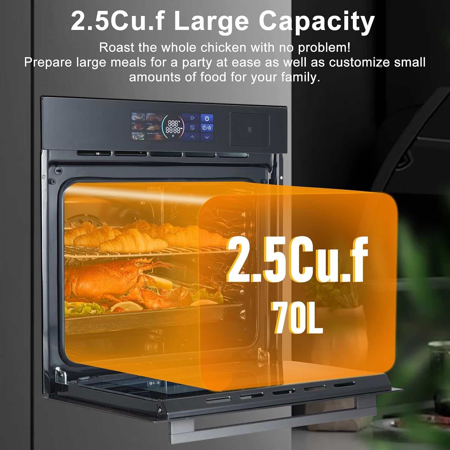 GarveeHome Single Wall Oven 24 in, Built-in Electric Ovens with Steam&Grill&Air Frying Mode, 3000W, 240V, 2.5Cu.ft Convection Built-in Oven, Stainless Steel, Colorful Touch Screen