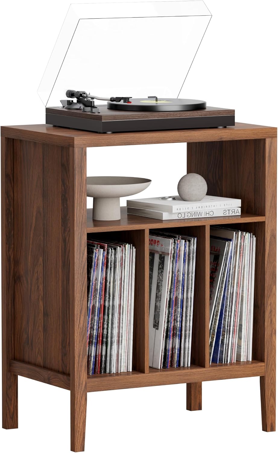 Modern Record Player Stand, Vinyl Record Storage Cabinet with Open Shelf, Wood Records Player Table Cube Storage Organizer for Living Room, Office, Brown