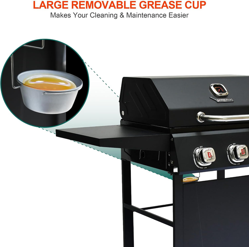 BRANDMAN GRILLS SINCE 1987 3-Burner Propane Gas Grill, 27,000 BTU BBQ Grill with Porcelain-Enameled Grates, Built-In Thermometer, Side Shelves, Heavy-Duty Wheels – Outdoor Grill for Patio & Backyard