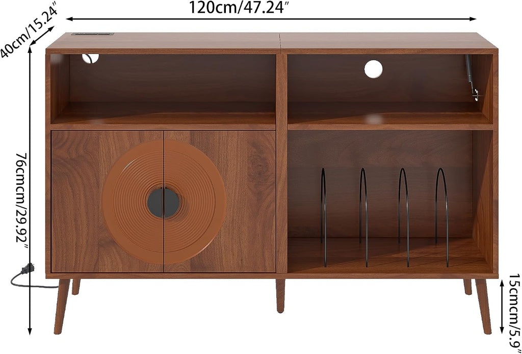 Fiogmub Large Record Player Stand, Mid Century Turntable Stand with Door, Record Player Table Holds Up to 350 Albums,Vinyl Display Shelf for Living Room (Brown)