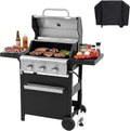 3-Burner BBQ Grill, Built-in 2 Shelves Side Wheels,Propane Gas Grill Double-Layer Stainless Steel Lid, and Cast Iron Cooking Grates. 27,000 BTU, Suitable For Outdoor Patio and Terrace Barbecue