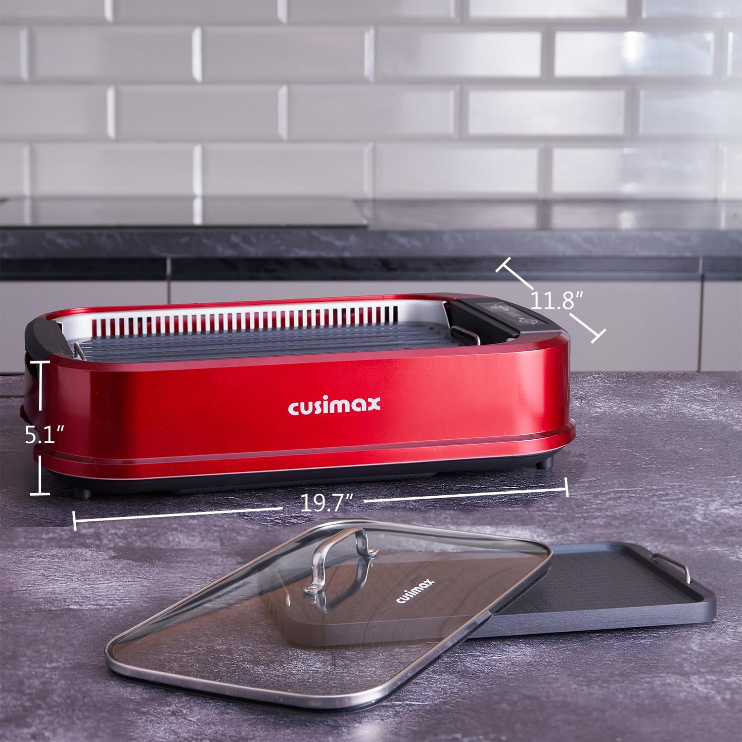 Indoor Grill, CUSIMAX Smokeless Grill Indoor, Electric Griddle, 1500W Korean BBQ Grill with LED Smart Display & Tempered Glass Lid, Non-stick Removable Plate & Griddle Plate, Red