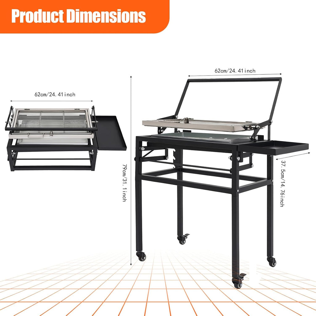 360° Rotating Charcoal Grill with Cart & Wheels, Charcoal Flip Grill for BBQ, Heavy Duty Square Outdoor Detachable Portable Grill for Camping, Picnic, Patio & Backyard Parties