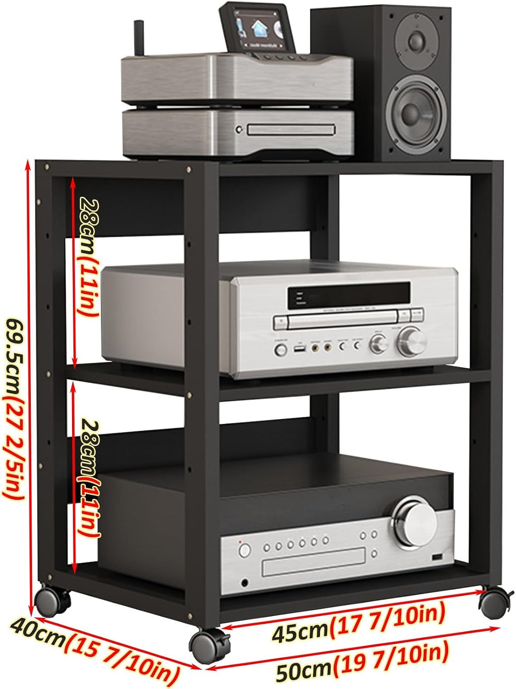 YLLFFLL Black Audio Component Rack Tower Media Stereo Stand Equipment Shelf, 3/4/5/6/7 Tier Media Storage Cabinet with Adjustable Shelf, HiFi Units Furniture(3 Layer)