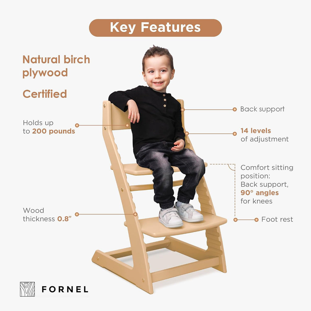 FORNEL Scandinavian Wooden High Chair for Toddlers & Kids | Adjustable Grow-with-Me Montessori Seat for Dining Table | Natural Wood Finish Convertible Highchair