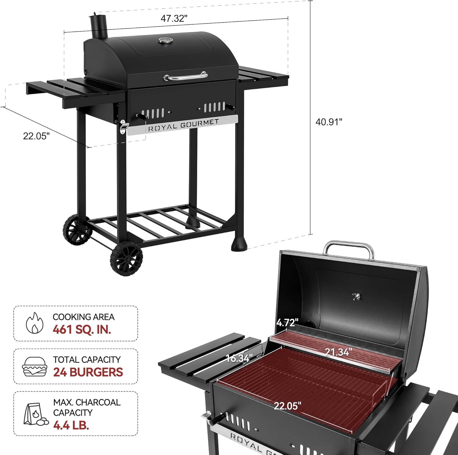 Royal Gourmet CD1824ET Movable Charcoal BBQ Grill with Foldable Side Tables, Outdoor Barbecue Grill with 470 Sq. In. Cooking Area for Outdoor Picnic and Camping Grilling, Black