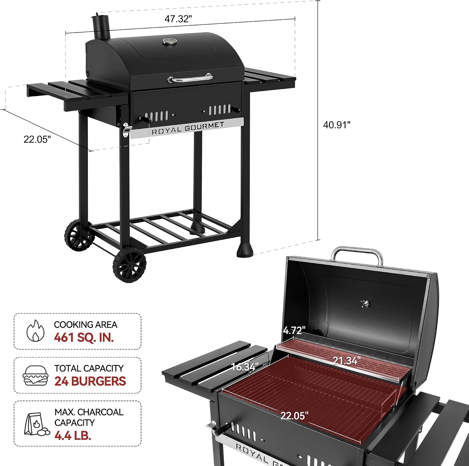Royal Gourmet 24-Inch Movable Charcoal BBQ Grill with Foldable Side Shelves, Temperature-Controlled, 461 Sq., Ideal for Backyard Party, Outdoor Picnic, Patio Cooking, Garden Grilling, Black