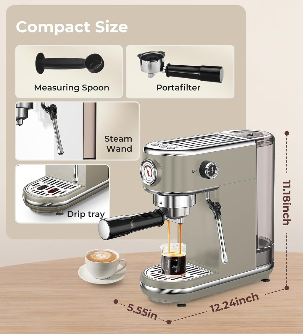 atatix 20 Bar Espresso Machine with Milk Frother, Compact Espresso Maker, Stainless Steel Coffee Machine with Precise Temp Control & 44oz Removable Water Tank for Latte, Cappuccino, Light Grey