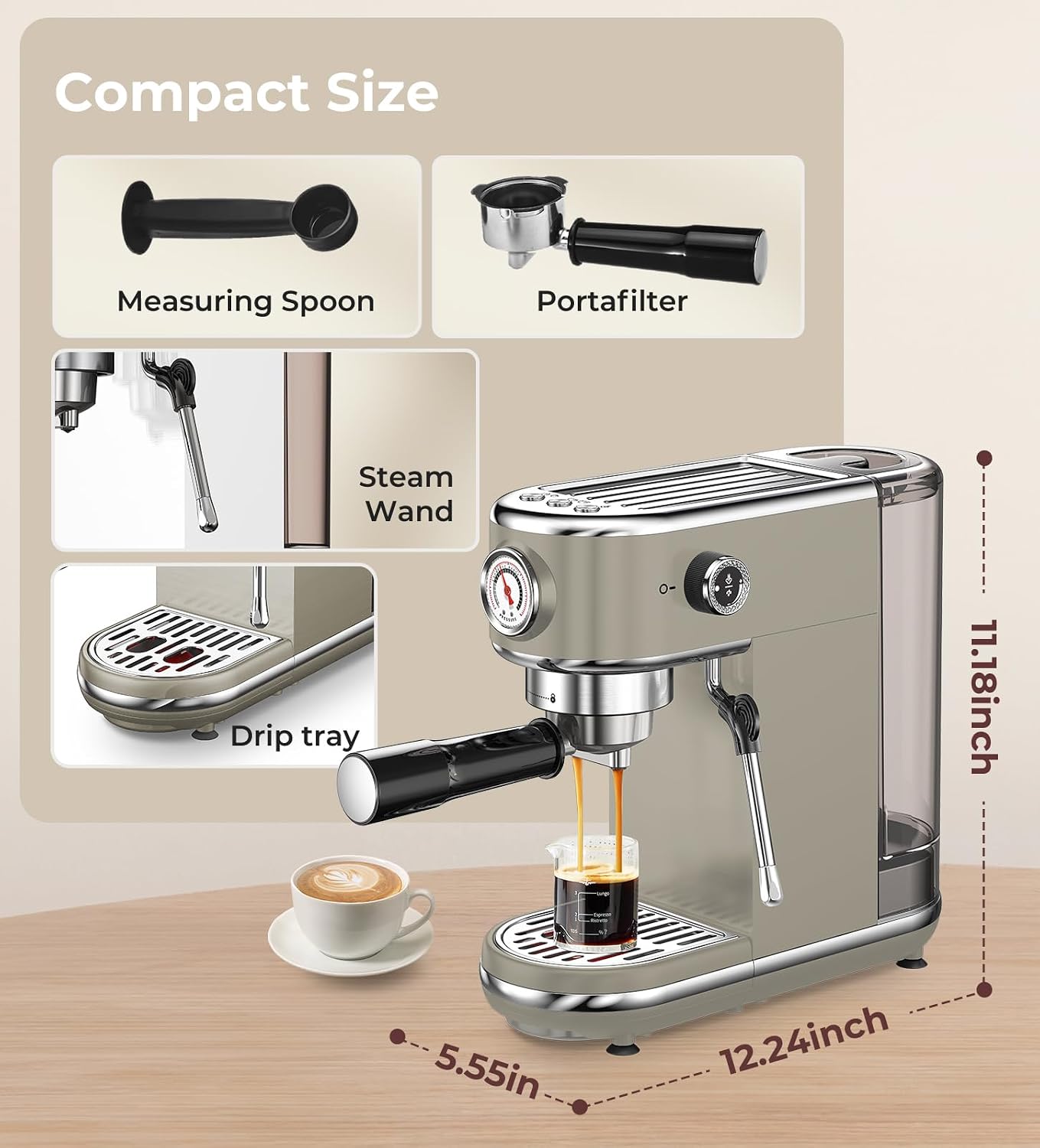 atatix 20 Bar Espresso Machine with Milk Frother, Compact Espresso Maker, Stainless Steel Coffee Machine with Precise Temp Control & 44oz Removable Water Tank for Latte, Cappuccino, Light Grey