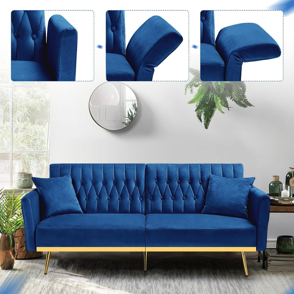 70' Velvet Futon Sofa Bed w/Adjustable Armrests and Backrest, Convertible Futon Couch w/2 Pillows, Modern Sleeper Bed for Living Room, Bedroom, Blue