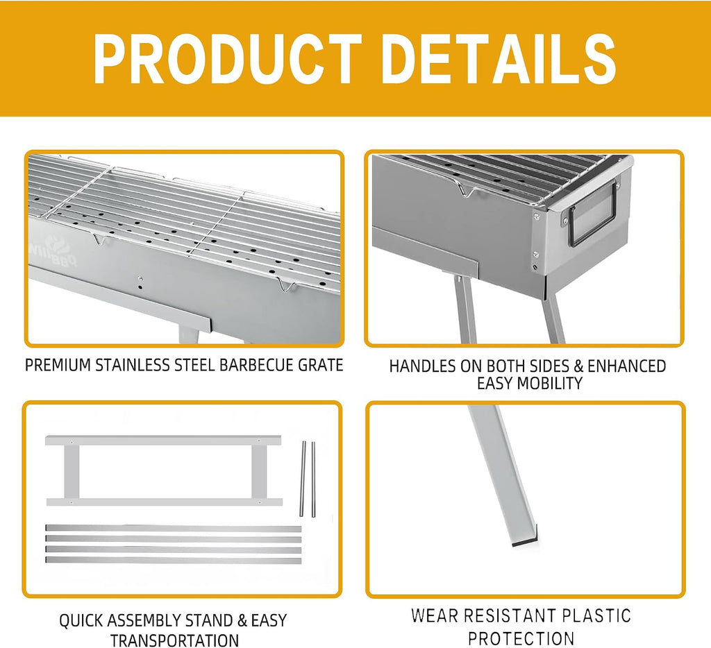 WILLBBQ Charcoal Grill Tailgate Parties, Patio, Beach Barbecues, Backyard Gatherings,Alloy Steel BBQ Barbecue Outdoor Grilling with Durable Support Frame and Dual Adjustable Vents (39.4x7.1x5.1 inch)