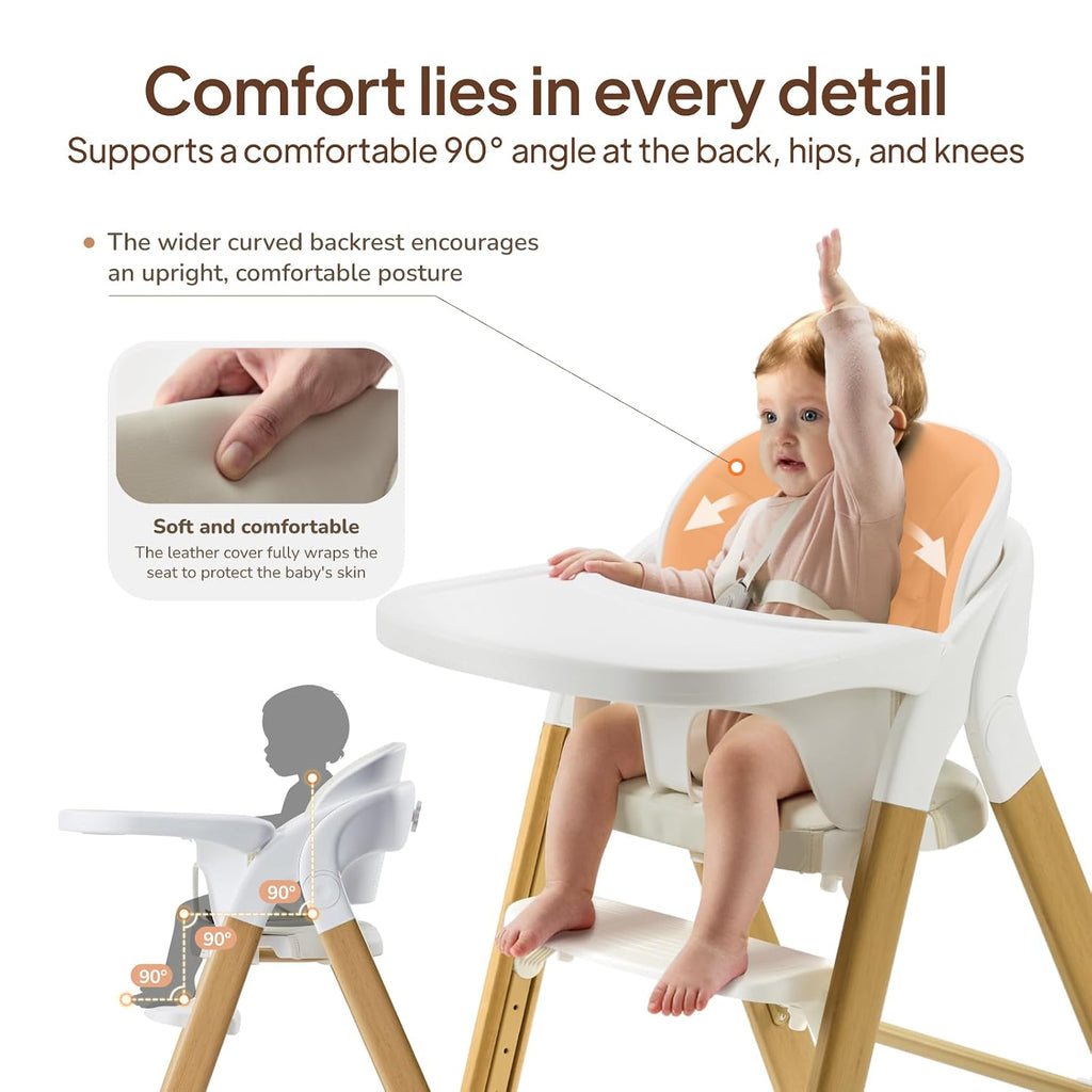 Tinyiota High Chair for Babies and Toddlers, Foldable & 8-Level Adjustable, One-Handed Removable Tray, Ergonomic Baby Highchair Convertible into Desk Chair for Toddler to Adult (Wood Color)