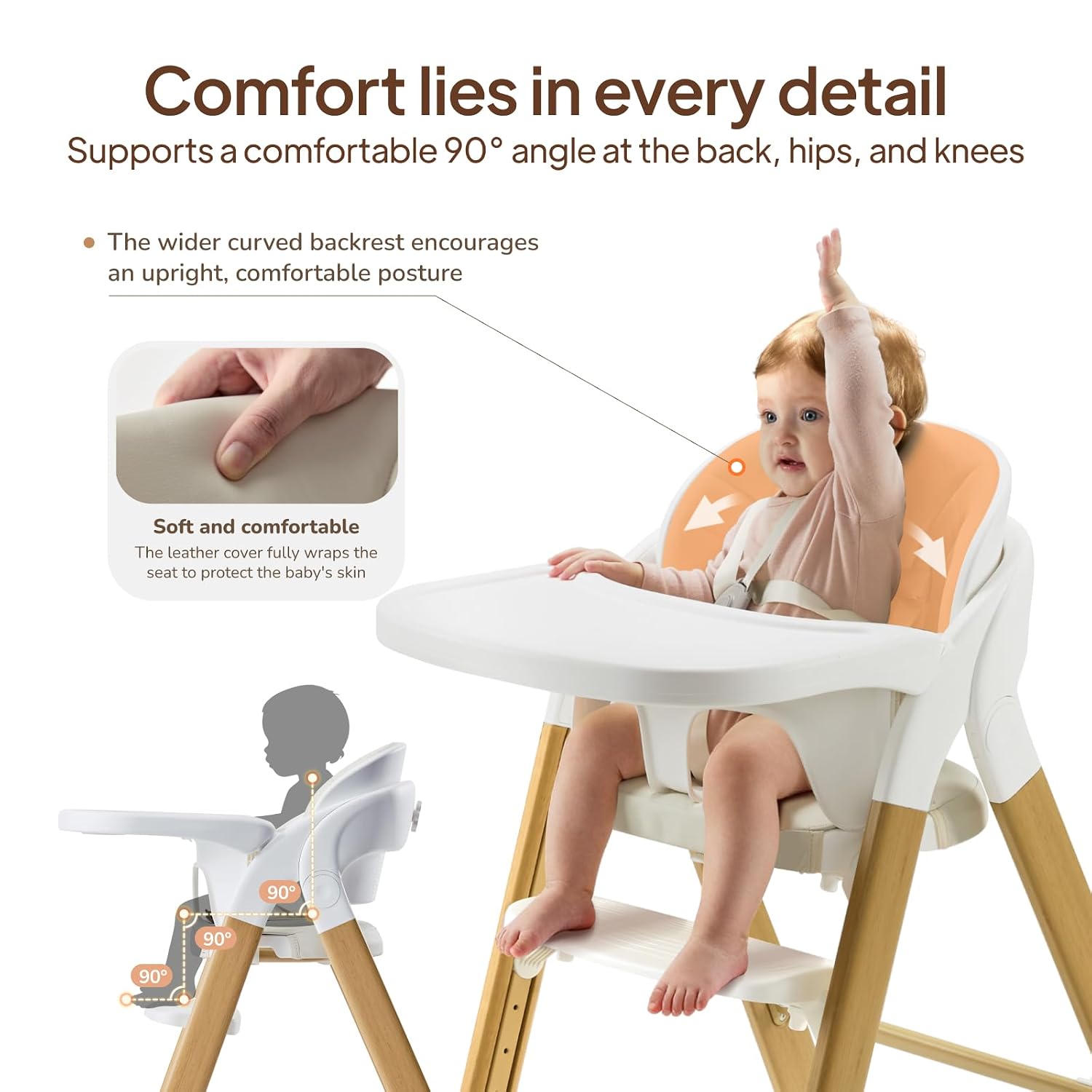 Tinyiota High Chair for Babies and Toddlers, Foldable & 8-Level Adjustable, One-Handed Removable Tray, Ergonomic Baby Highchair Convertible into Desk Chair for Toddler to Adult (Wood Color)