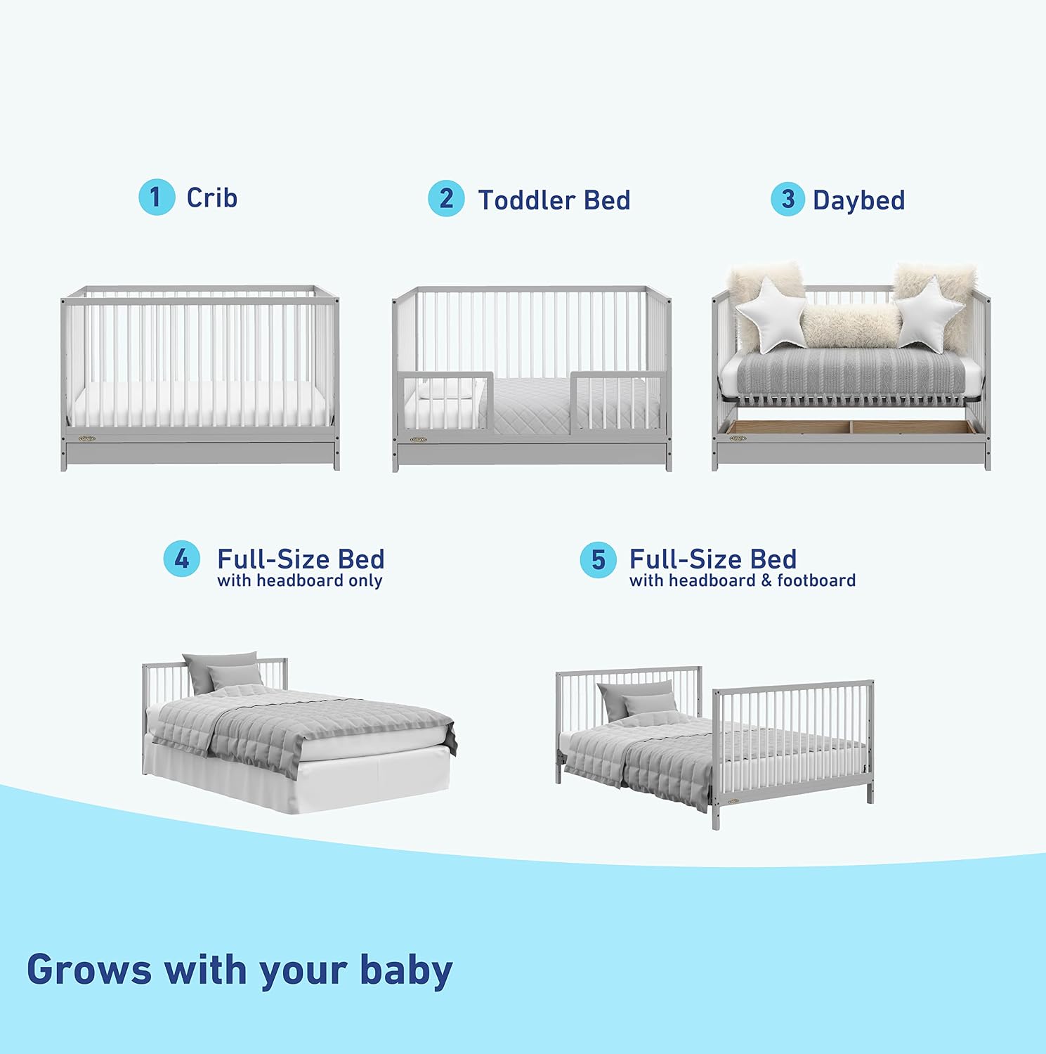 Graco Teddi 5-in-1 Convertible Crib with Drawer – GREENGUARD Gold Certified, Full-Size Nursery Storage Drawer, Baby Crib Converts to Toddler Bed, Daybed and Full-Size Bed (Pebble Gray and White)
