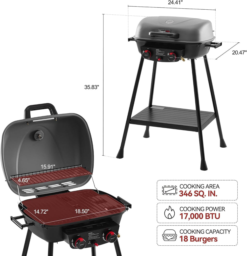 Royal Gourmet GT2003 Portable 2 Burner Propane Gas Grill with Stand and Warming Rack, 2-in-1 Grill Griddle Combo with 17,000 BTUs Output forCamping, Tailgating, Backyard, Gray