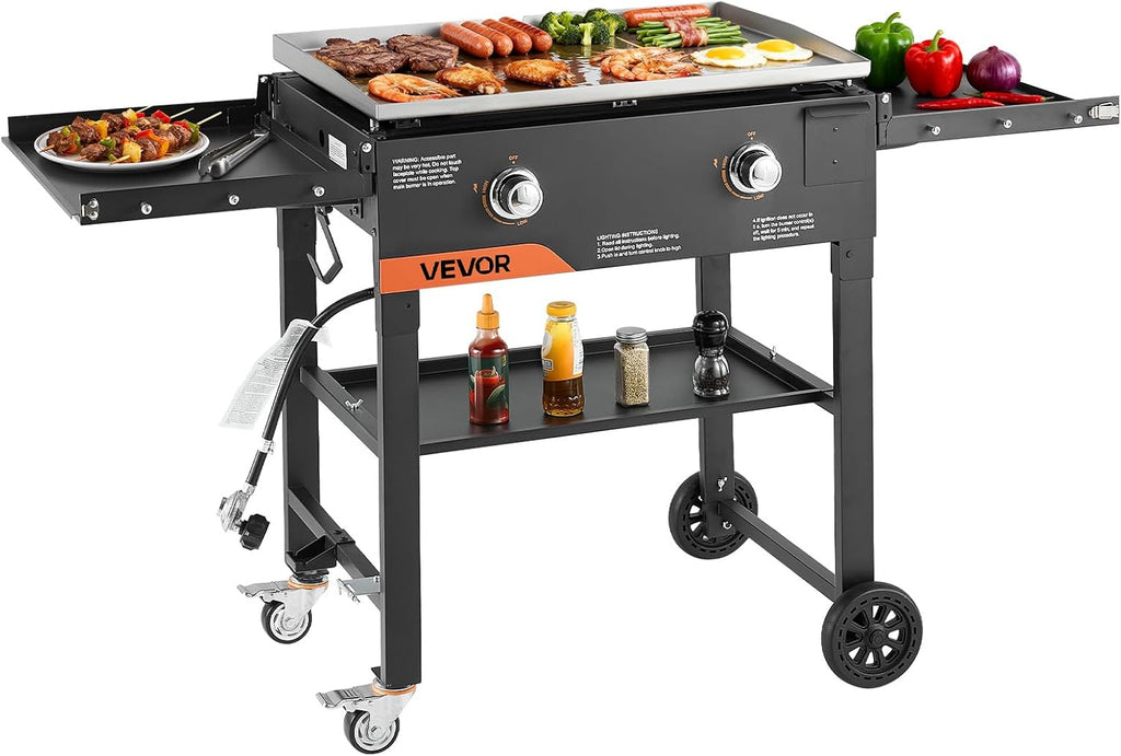 VEVOR Gas Griddle, 2-Burner Flat Top Grill, 28 inch Grill Plate Foldable Propane Griddle with Wheels, 30000 BTU Outdoor Flat Top Grills for Pan-Frying, Grilling, Stir-Frying, & BBQ, Pulse Ignition