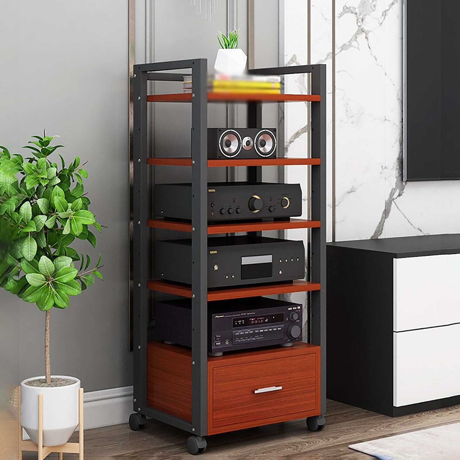 Audio Rack Power Amplifier Equipment Cabinet - Tv Stand with Storage and Shelves - Furniture Media Stand DVD Cd Player Stand - Large Media Storage Shelf On Wheels for Ktv,5Tiers-120cm Tall