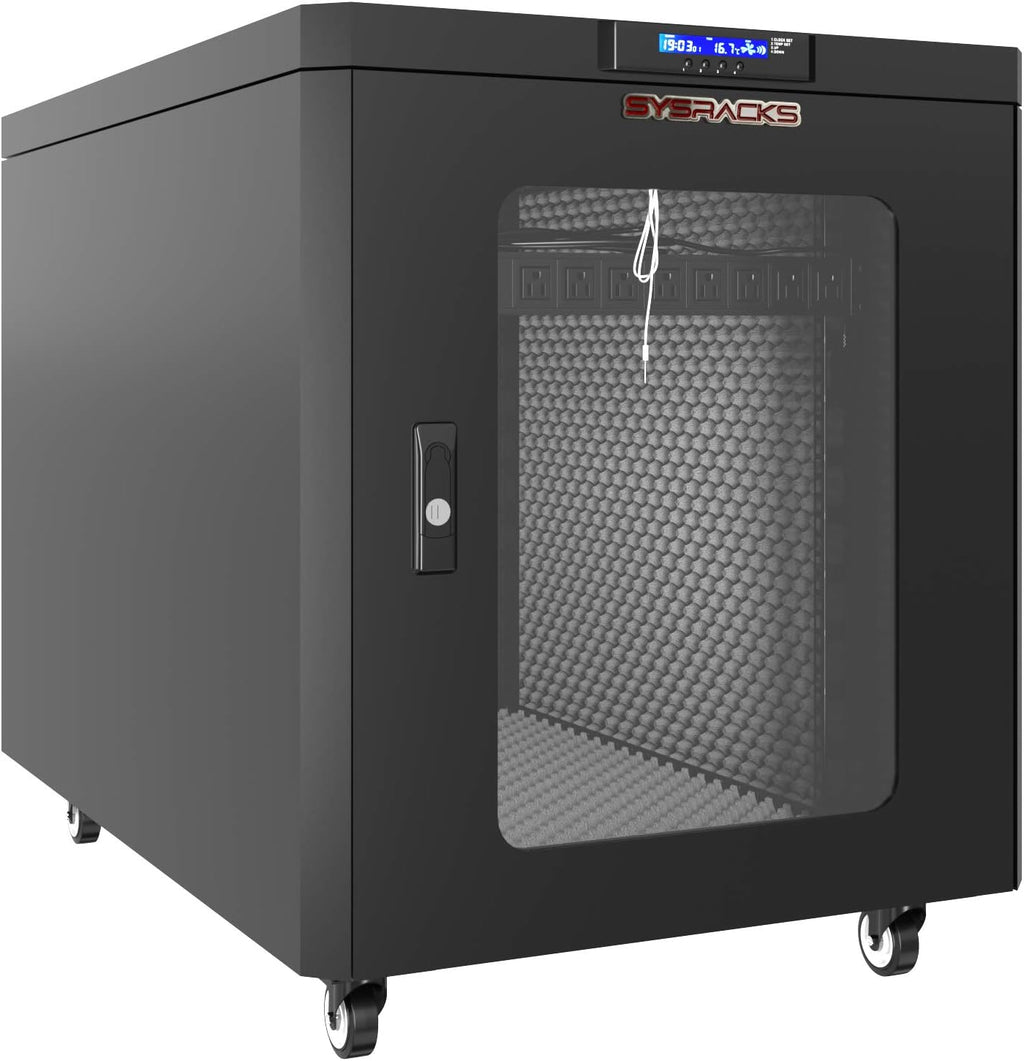 Soundproof Server Rack Cabinet – Quiet Acoustic 19' Network Enclosure with Dual Fans, Thermostat Control, Locking Glass Door, Floor Standing Rack (12U)
