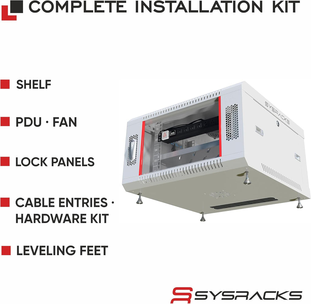 6U Wall Mount Server Rack Cabinet, 19' Locking Network Rack, 24' Deep, Glass Door, with Fan, PDU and Shelf