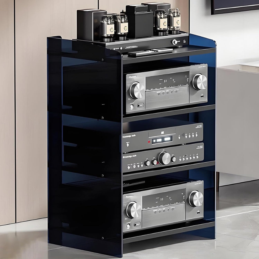 Modern Stereo Cabinet - Adjustable Media Storage Rack for Audio Equipment, Record Player Stand, DVD TV Box & Game Console Organizer, Stylish Black Design with Acrylic Baffle