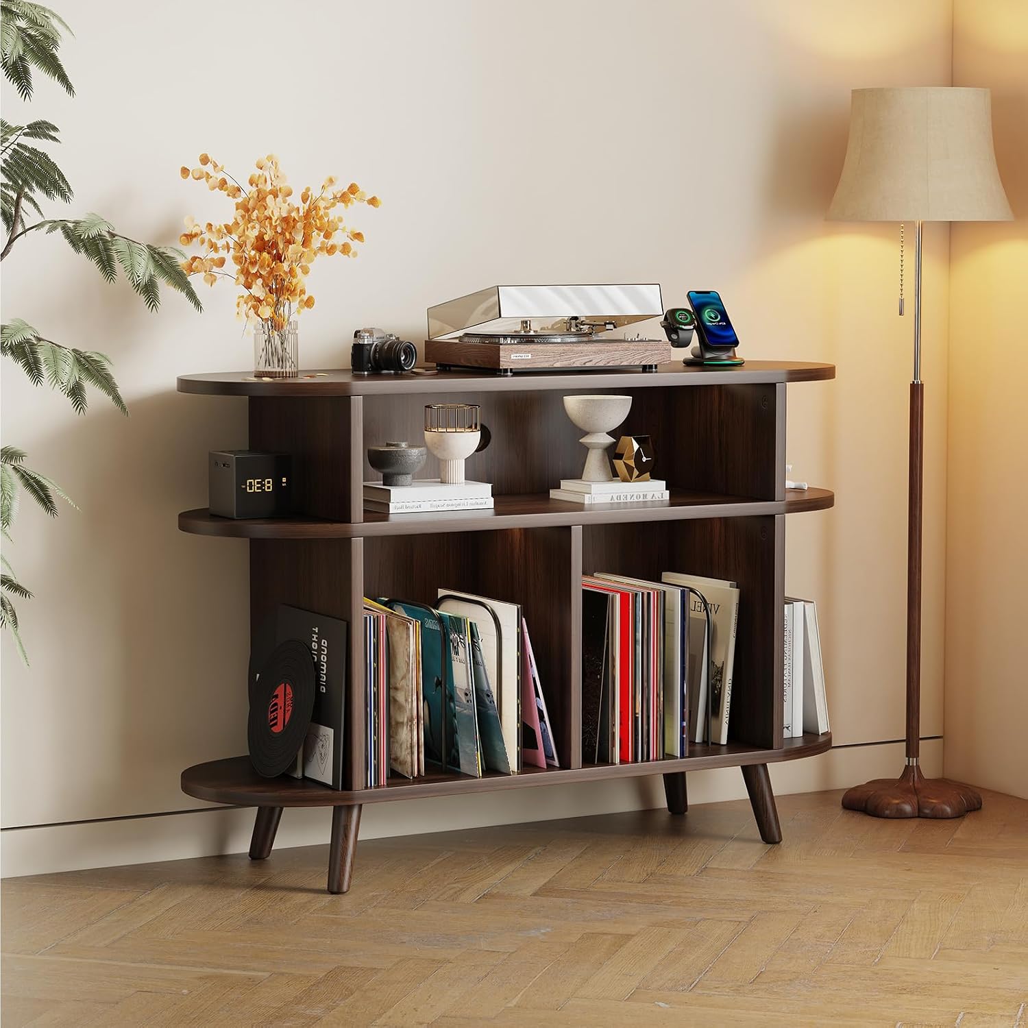 LIVEHOM Large Round Record Player Stand, Wood Record Storage Cabinet, Vinyl Record Holder with Display Area, Mid Century Modern Turntable for Living Room, Bedroom