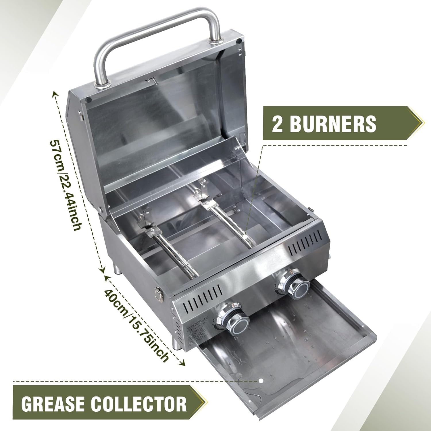 All-in-One Outdoor Grill Table with Built-in 2-Burner Propane Grill – Portable Stainless Steel Cooking Station with Storage, Hooks & Lockable Wheels for Camping, Tailgating, Backyard BBQ